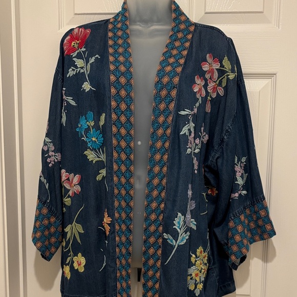 Johnny Was Navy Floral Embroidered Jean Jacket - Picture 9 of 16